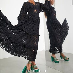 ASOS EDITION v neck broderie midi dress with puff sleeve in black